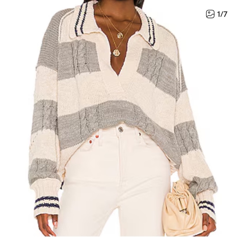 Free People Pembrook Striped cropped Gray and White Women's rugby style Sweater